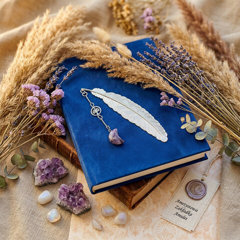 Cienka metalowa zakładka do książki pióro z fioletowym ametystem w kształcie księżyca i stalowym drzewem życia w pudełku.