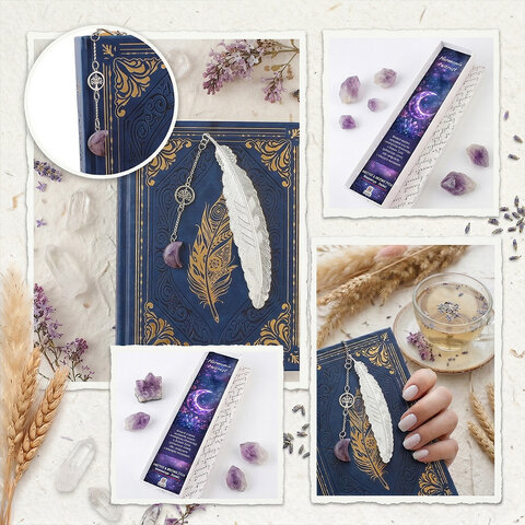 Cienka metalowa zakładka do książki pióro z fioletowym ametystem w kształcie księżyca i stalowym drzewem życia w pudełku.