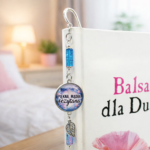 Srebrna zakładka do książki piórko z afirmacją Piękna Mądra Oczytana i niebieskimi koralikami Srebrna zakładka do książki piórko z afirmacją Piękna Mądra Oczytana i niebieskimi koralikami