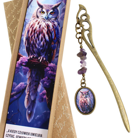 Zakładka z sową ametyst handmade prezent dla mola książkowego magiczna leśna