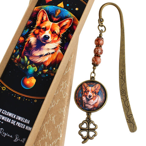 Zakładka do książki z psem corgi i koniczynką, prezent dla miłośnika psów, styl kawaii