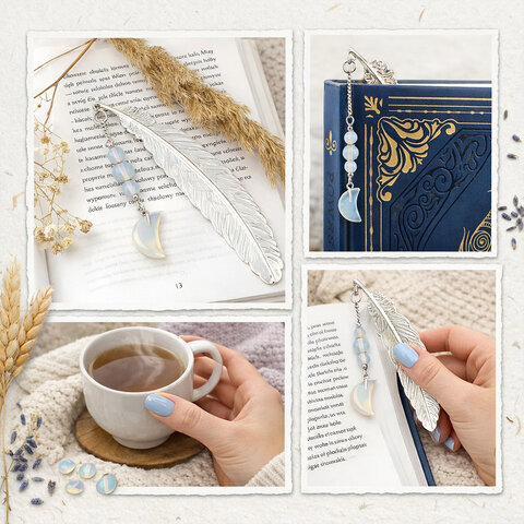 Subtelna metalowa zakładka do książki w formie piórka, zdobiona wiszącą zawieszką z opalitu w kształcie księżyca, umieszczona w pudełku prezentowym.