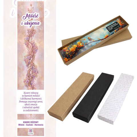 Cienka srebrna zakładka do książki piórko z zawieszką z kwarcu różowego i stalową różą, w ozdobnym pudełku prezentowym.