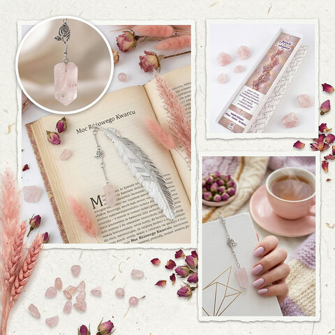 Cienka srebrna zakładka do książki piórko z zawieszką z kwarcu różowego i stalową różą, w ozdobnym pudełku prezentowym.