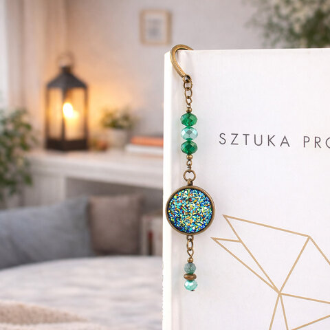 Zakładka do książki z antycznego brązu z motywem roślinnym, zielonymi kryształkami i mieniącą się, błyszczącą druzą z żywicy.