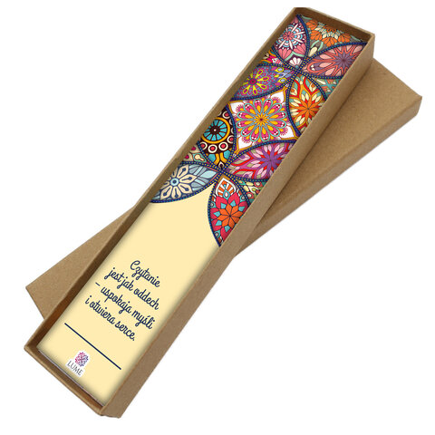 Zakładka do książki z antycznego brązu z plecionym wzorem, drewnianymi koralikami i wielobarwną, harmonijną mandalą pod szklanym kaboszonem