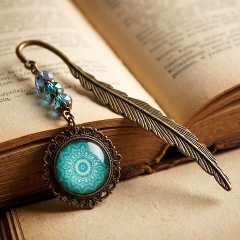 Zakładka do książki piórko w kolorze antycznego brązu z turkusowymi kryształkami i zawieszką z mandalą pod szklanym kaboszonem Zakładka do książki piórko w kolorze antycznego brązu z turkusowymi kryształkami i zawieszką z mandalą pod szklanym kaboszonem