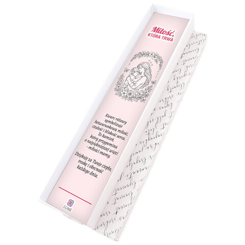 Srebrna zakładka do książki pióro z kwarcem różowym i stalowym łącznikiem przedstawiającym mamę z dzieckiem, zapakowana w pudełko prezentowe.