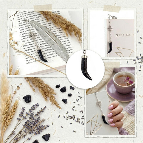 Cienka srebrna zakładka do książki piórko z zawieszką z połyskującego kamienia Noc Kairu w kształcie kła i stalowym drzewem życia.