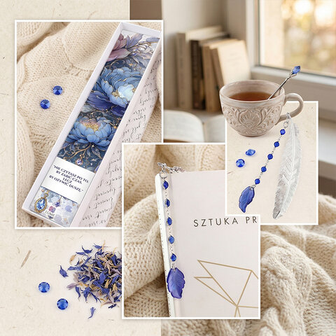 Cienka i lekka metalowa zakładka do książki w kształcie pióra, zdobiona wiszącą zawieszką z szafirowych szklanych kryształków i niebieskiego akrylowego listka, w ozdobnym pudełku.