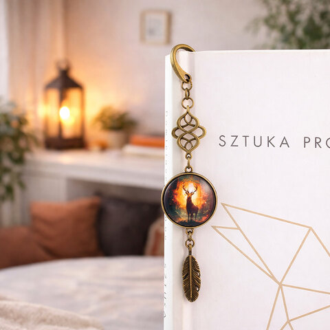 Zakładka do książki z antycznego brązu z ozdobnym falistym trzonem, zawieszką z piórkiem i ilustracją jelenia w ognistym lesie pod kaboszonem 