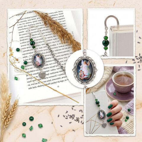 Chrześcijańska zakładka do książki z grafiką Anioła Stróża pod szkiełkiem, antyczne srebro, prezent na komunię świętą w pudełku.