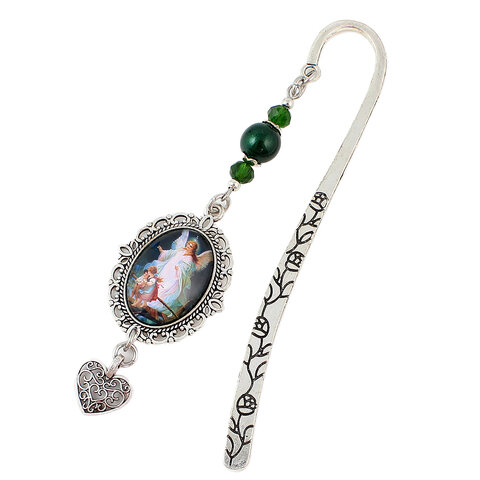 Chrześcijańska zakładka do książki z grafiką Anioła Stróża pod szkiełkiem, antyczne srebro, prezent na komunię świętą w pudełku.