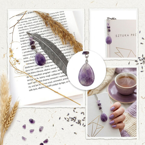 Cienka metalowa zakładka do książki pióro w kolorze grafitowym z zawieszką z fioletowego ametystu (bryłki i łezka) w ozdobnym pudełku.