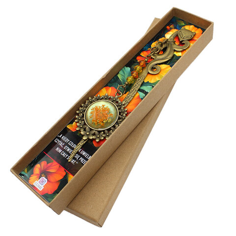 zakładka do książki na prezent metalowa z kwiatami żywica pomarańczowa