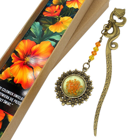 zakładka do książki na prezent metalowa z kwiatami żywica pomarańczowa