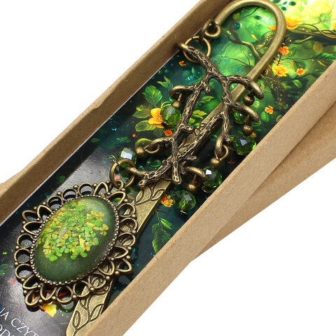 zakładka do książki z kwiatami i gałązkami natura zielona metalowa dla mamy babci na prezent