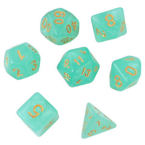 Turkusowe kości wielościenne do RPG ze złotymi cyframi i połyskiem. Turkusowe kości wielościenne do RPG ze złotymi cyframi i połyskiem.