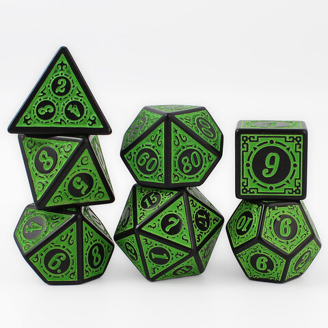 Zestaw czarno-zielonych kości RPG Verdant Arcane z ozdobnymi grawerowanymi ramkami. Zestaw czarno-zielonych kości RPG Verdant Arcane z ozdobnymi grawerowanymi ramkami.