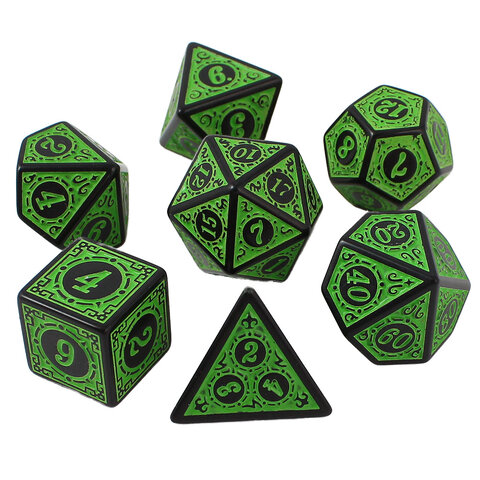 Zestaw czarno-zielonych kości RPG Verdant Arcane z ozdobnymi grawerowanymi ramkami.