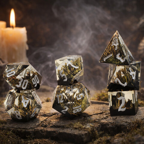 Zestaw kości wielościennych RPG żywica drewno Forest ostre DnD