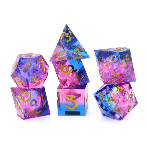 Zestaw kości wielościennych RPG pryzmatyczne różowo niebieskie ostre DnD