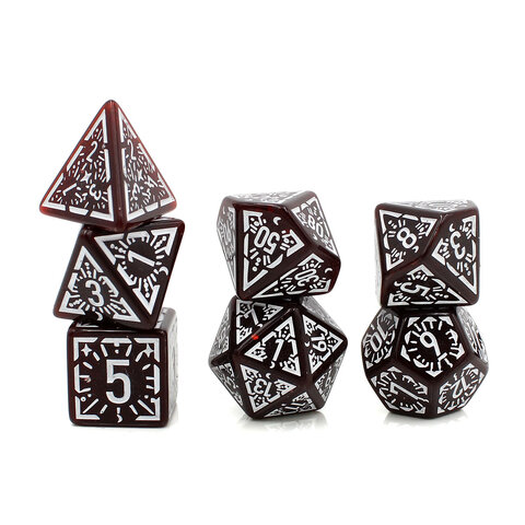 Zestaw kości wielościennych RPG bordowe runiczne zaokrąglone DnD