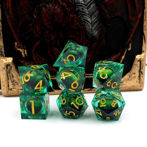 Kości RPG liquid core zielone z okiem – zestaw wielościenny do DnD