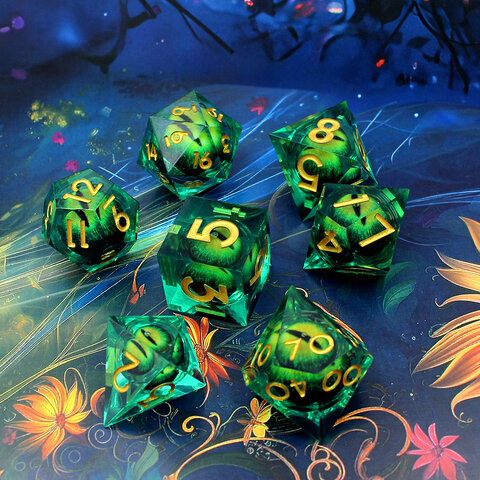 Kości RPG liquid core zielone z okiem – zestaw wielościenny do DnD