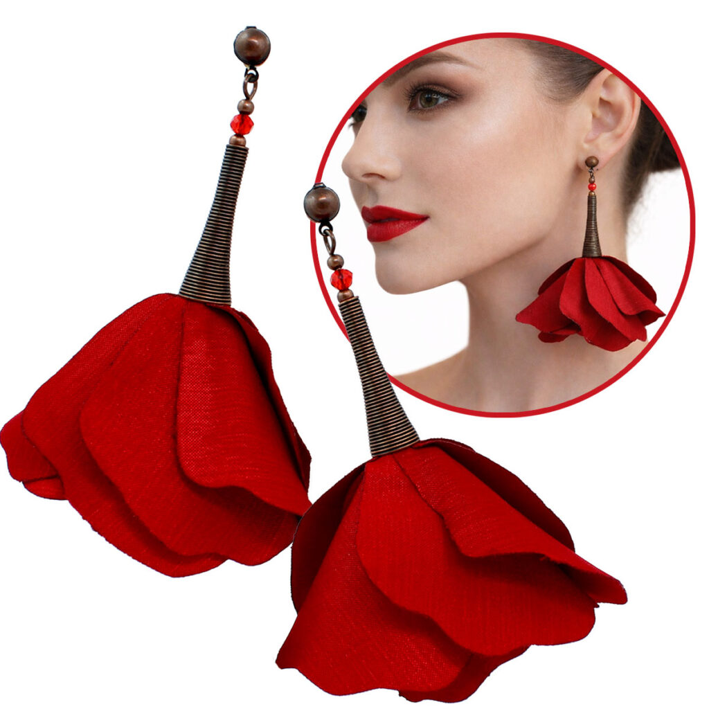 Kolczyki Kwiaty Czerwone Duże Sztyfty Boho Flamenco