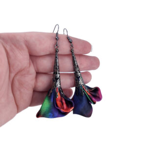 Kolczyki Kwiaty Kolorowe Długie Lekkie Gunmetal Boho Witchy Fairycore
