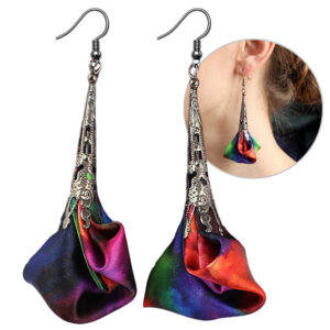 Kolczyki Kwiaty Kolorowe Długie Lekkie Gunmetal Boho Witchy Fairycore