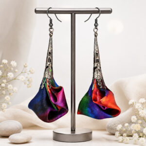 Kolczyki Kwiaty Kolorowe Długie Lekkie Gunmetal Boho Witchy Fairycore