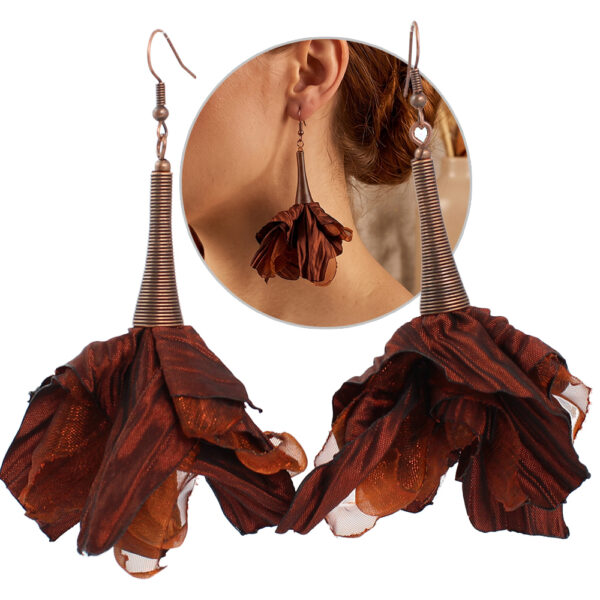 Kolczyki Kwiaty Czekoladowe Duże Szerokie Miedziane Boho Witchy