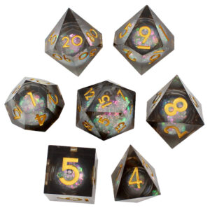 Kości RPG żywiczne Liquid Core czarne złote D&D Sharp Edge 7 szt