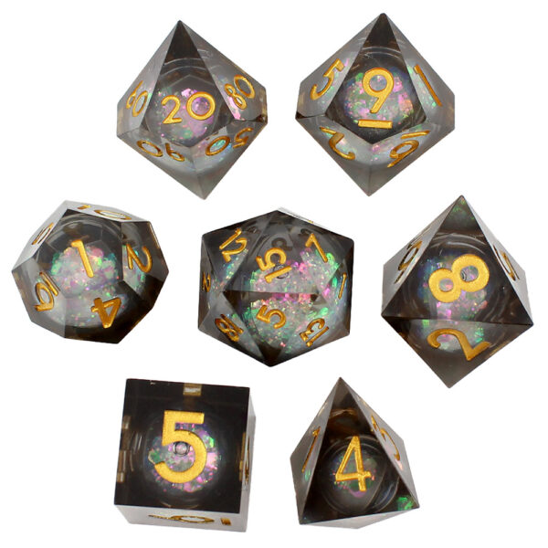 Kości RPG żywiczne Liquid Core czarne złote D&D Sharp Edge 7 szt