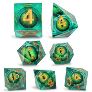 Kości RPG epoksydowe oko smoka Liquid Core zielone złote D&D 7 szt