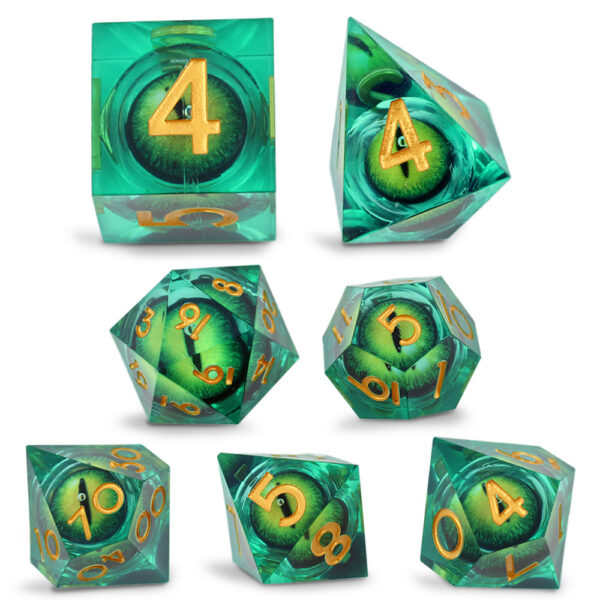 Kości RPG epoksydowe oko smoka Liquid Core zielone złote D&D 7 szt