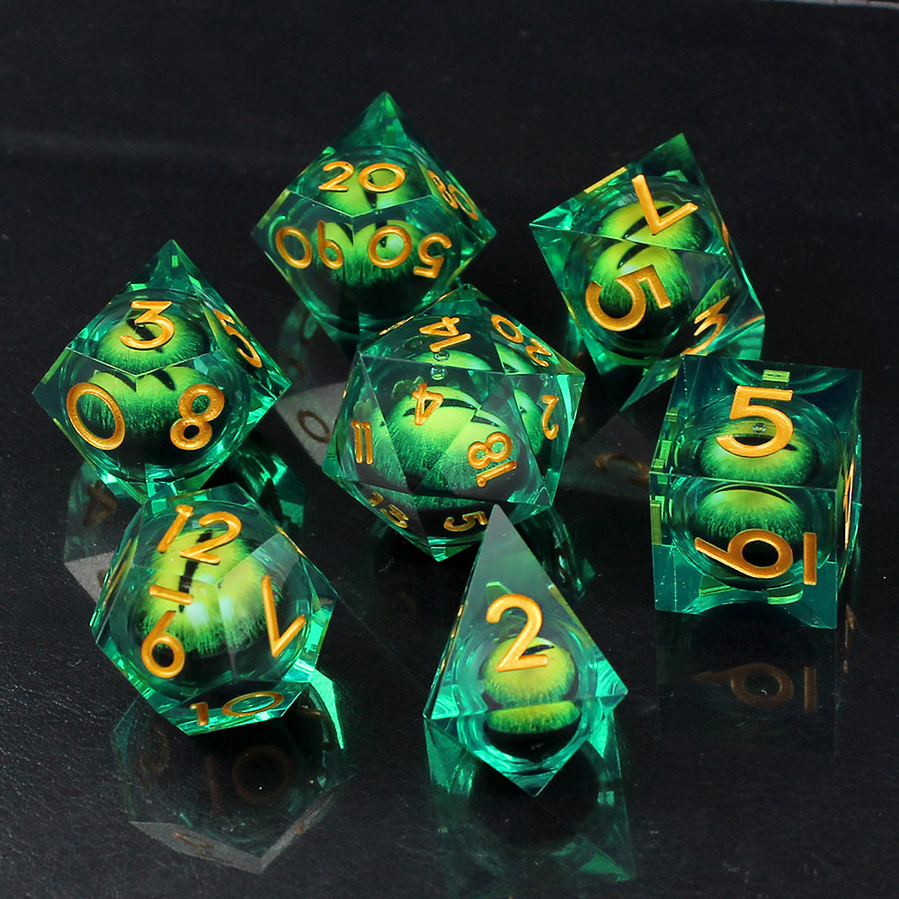 Kości RPG epoksydowe oko smoka Liquid Core zielone złote D&D 7 szt