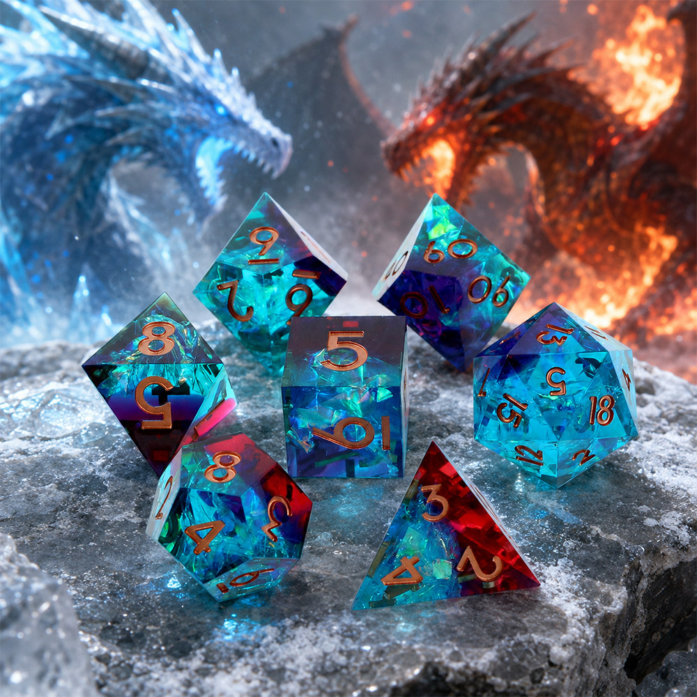 Kości RPG zestaw 7 szt żywica niebiesko czerwone D&D DnD Pudełko