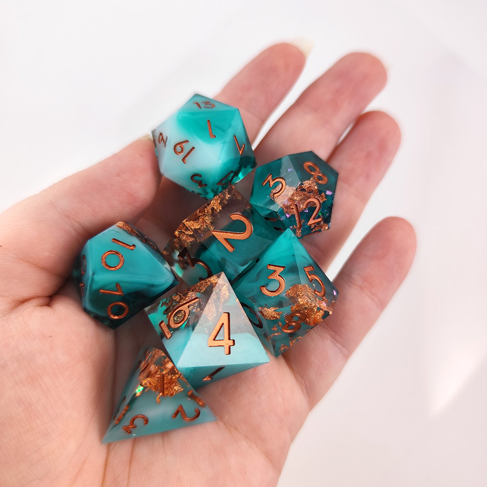 Kości RPG żywica turkusowe miedziane DnD Pathfinder zestaw 7 szt.