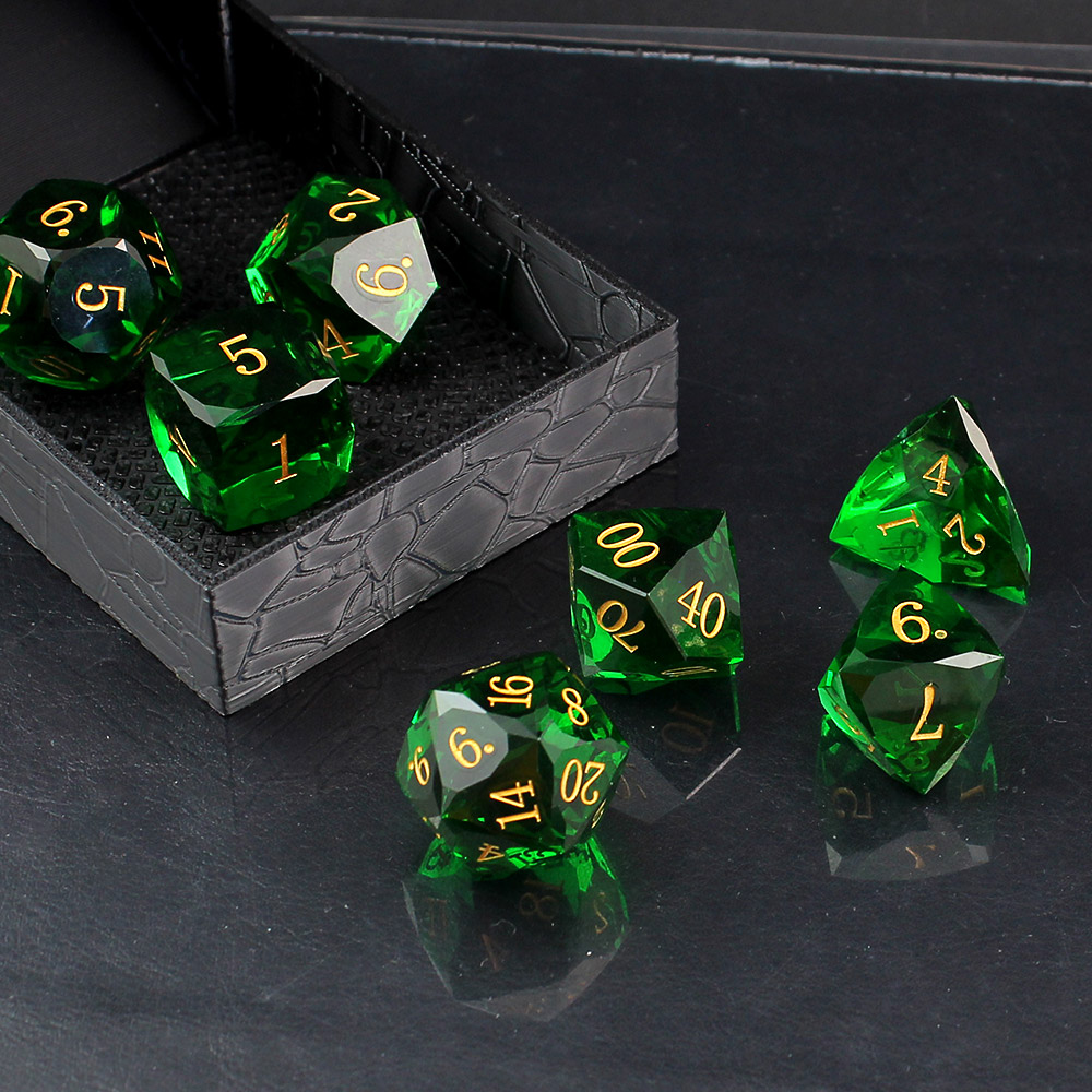 Kości RPG epoksydowe zielone fasetowane D&D zestaw pudełko