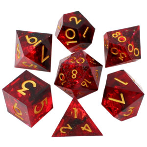 Kości RPG żywiczne czerwone czarne złote ostre krawędzie pudełko