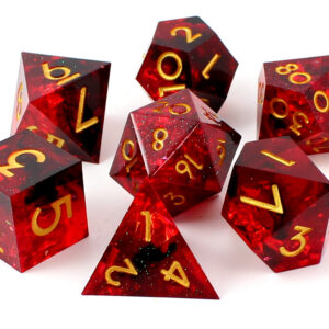 Kości RPG żywiczne czerwone czarne złote ostre krawędzie pudełko