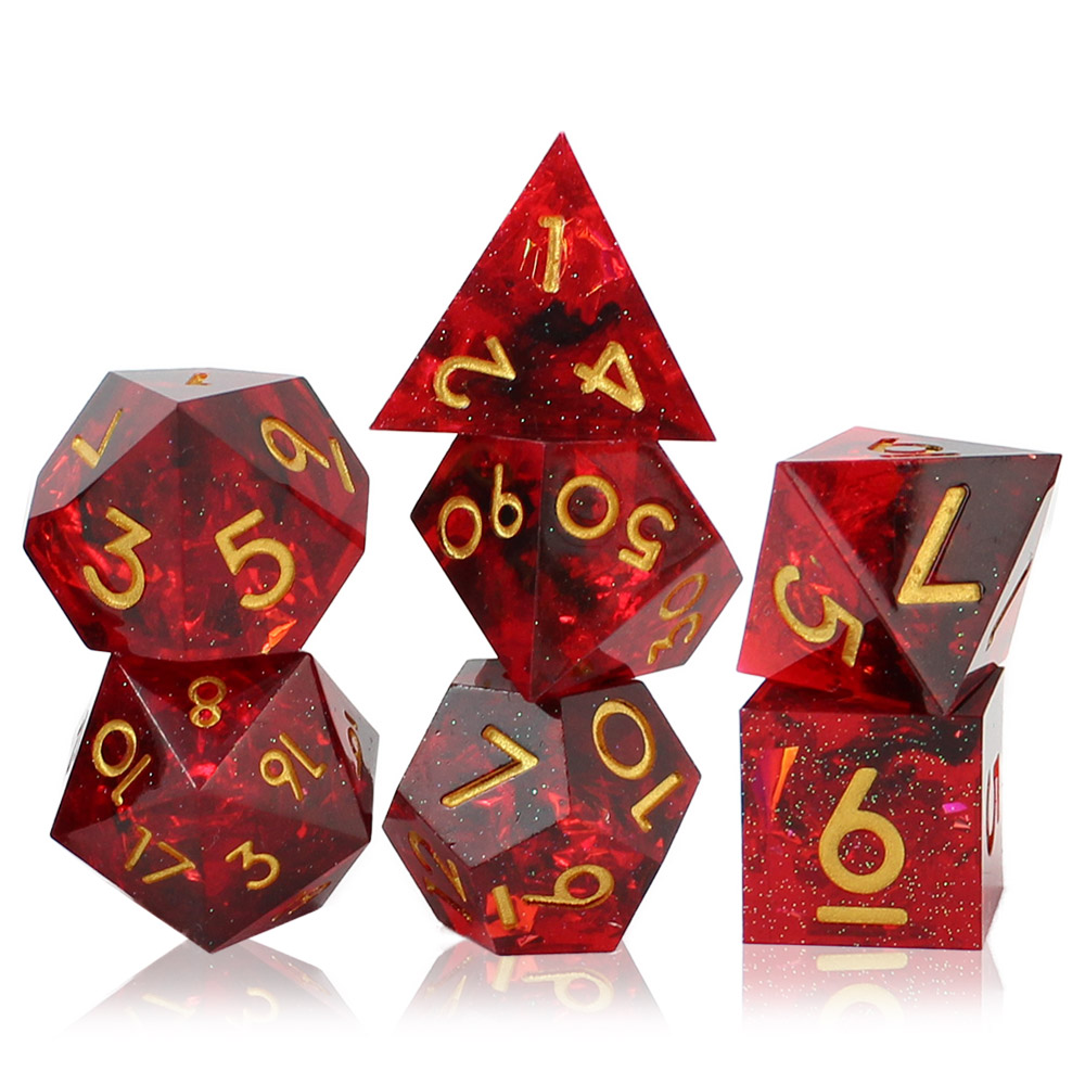 Kości RPG żywiczne czerwone czarne złote ostre krawędzie pudełko