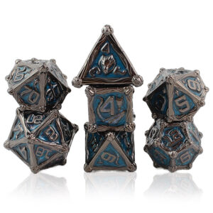 Kości RPG metalowe smoki gunmetal niebieskie DnD pudełko