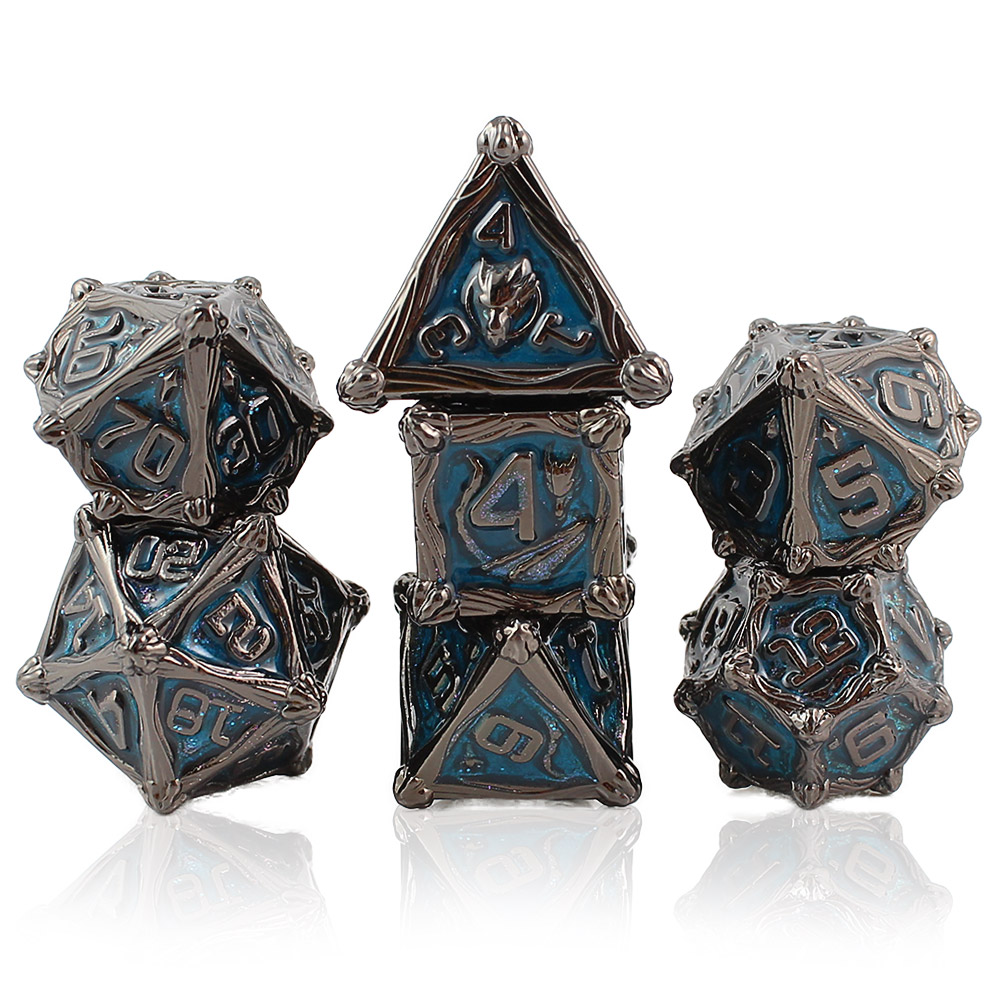 Kości RPG metalowe smoki gunmetal niebieskie DnD pudełko