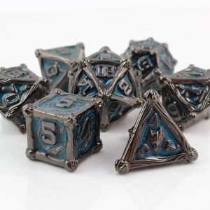 Kości RPG metalowe smoki gunmetal niebieskie DnD pudełko