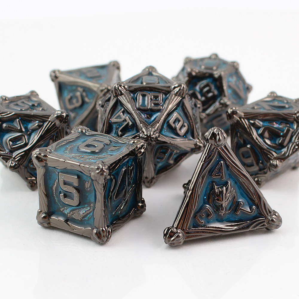 Kości RPG metalowe smoki gunmetal niebieskie DnD pudełko