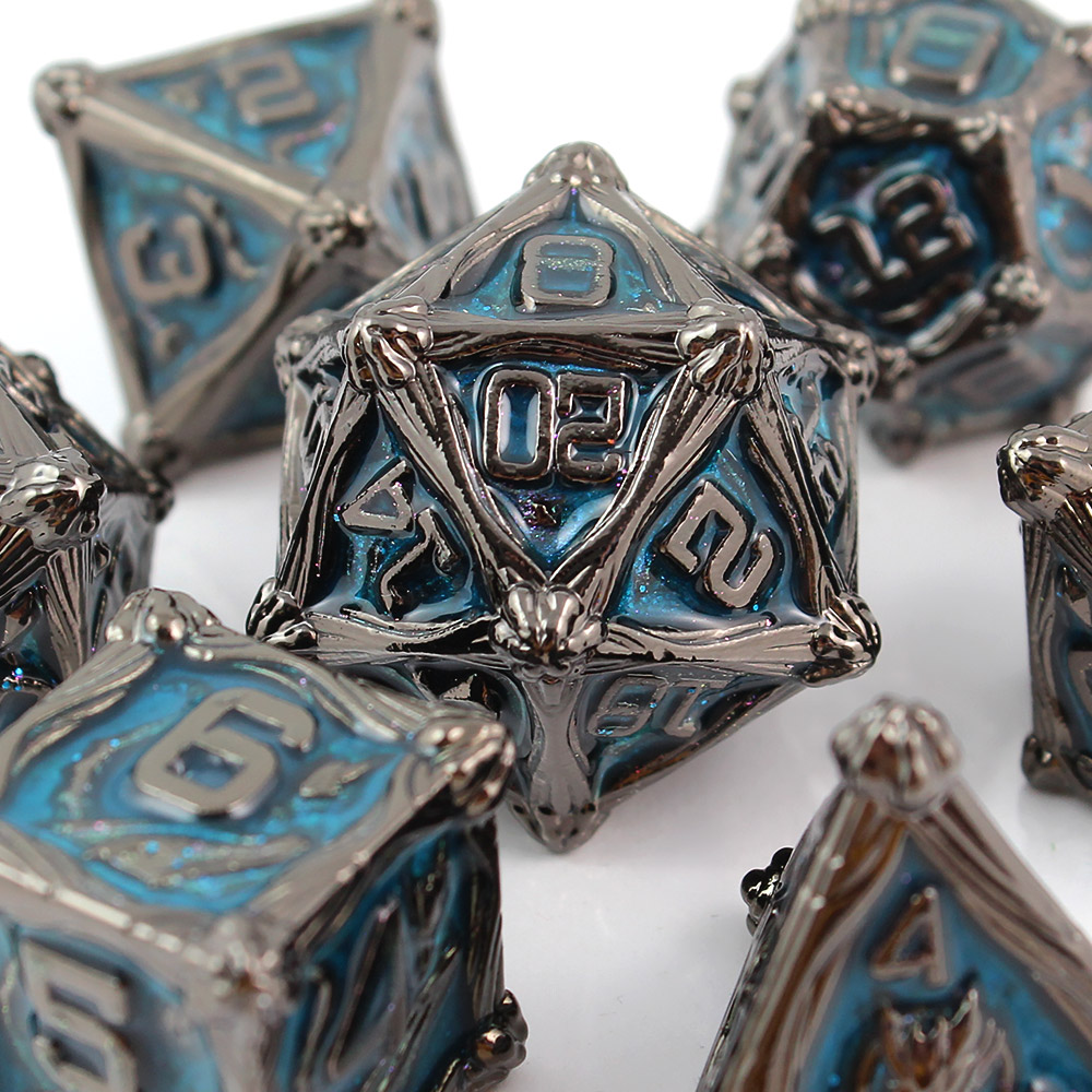 Kości RPG metalowe smoki gunmetal niebieskie DnD pudełko